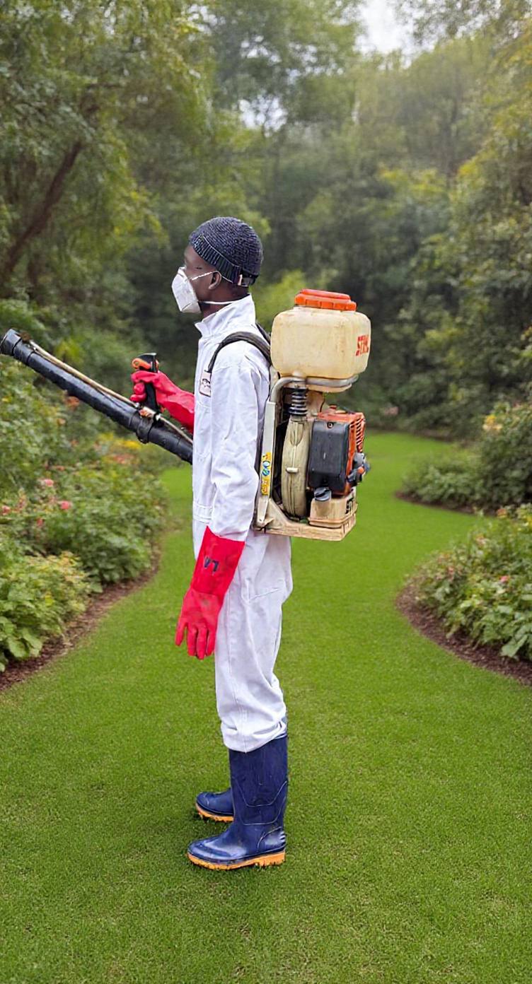 Dynamic Express Solutions technician in protective gear performing professional pest control fumigation in a Ghanaian home